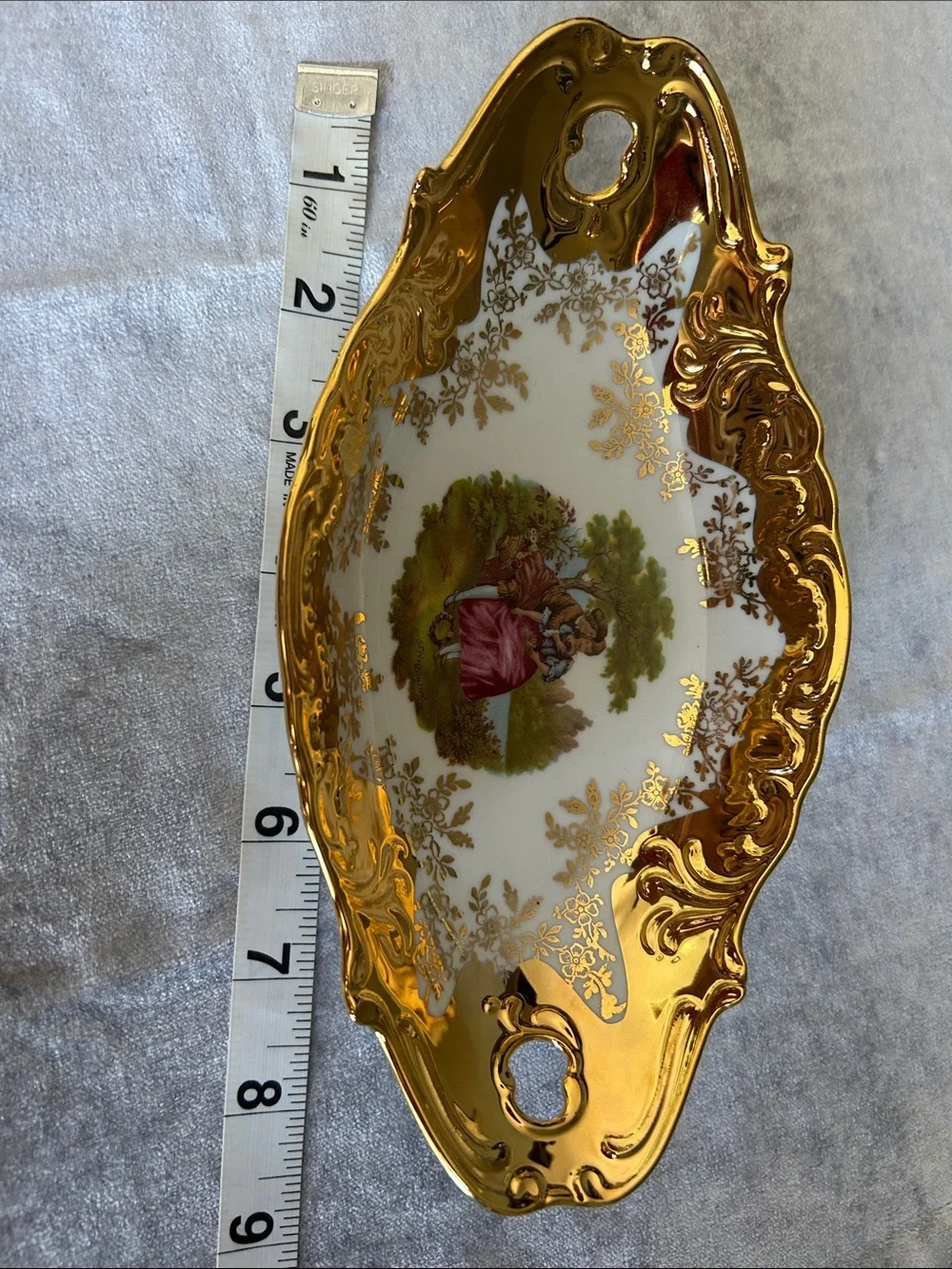Gold-Trim Decorative Porcelain Serving Tray with Vintage Scene